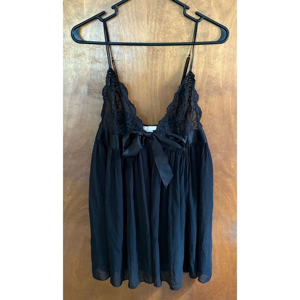 Vintage Victoria’s Secret Black Sheer Mesh Lace Bow Babydoll Dress Cami Goth Y2K